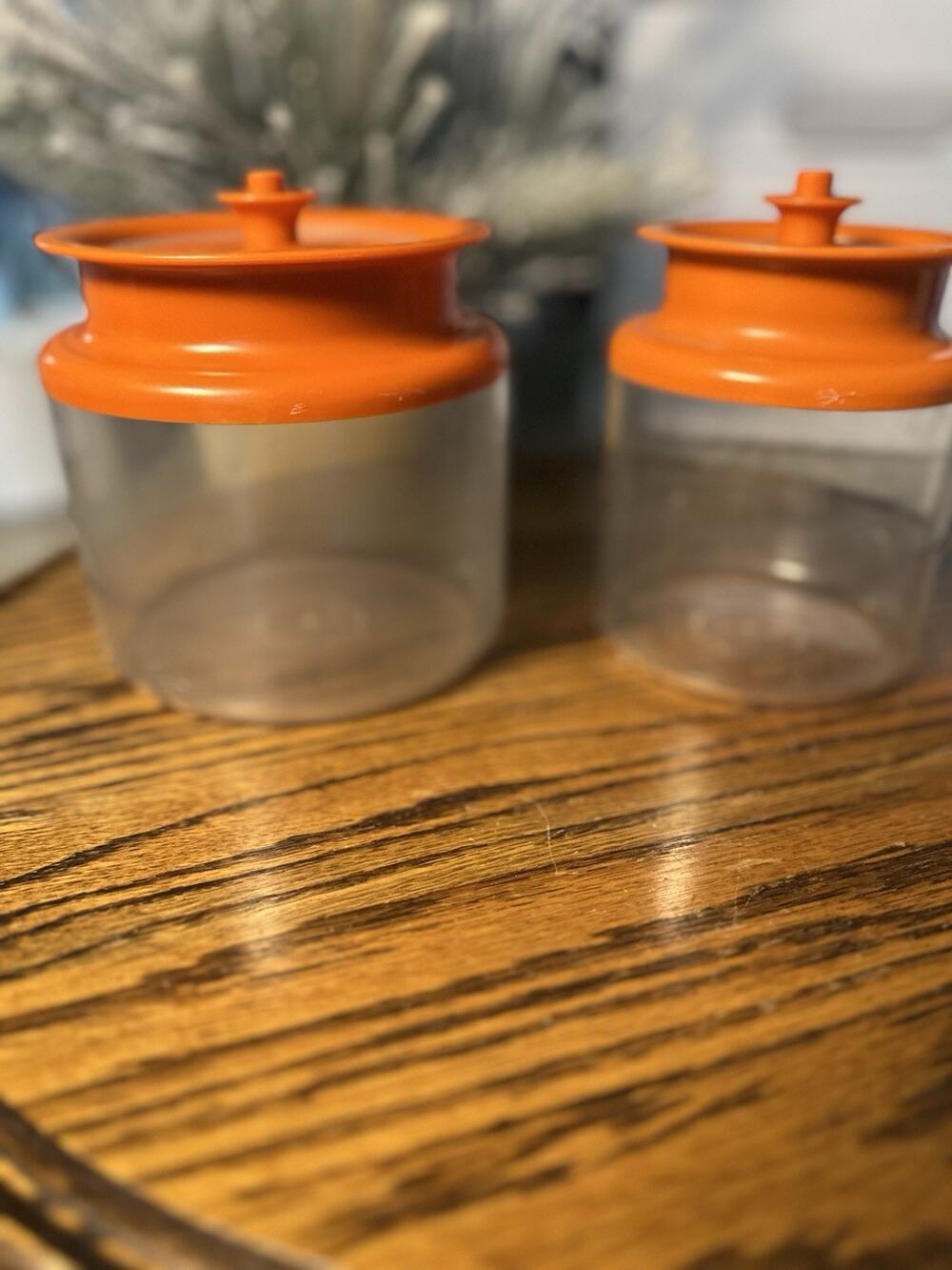Tupperware Lot 2 Canisters Orange Push Button Lid Clear Base 2 1/4 & 3 3/4 Cups